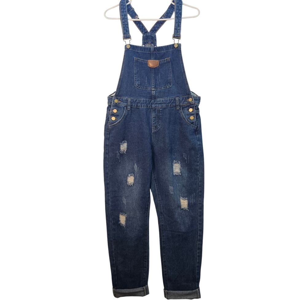 Ava Costume Dark Blue Denim Distressed Overalls Size Medium NWT Grunge Boho